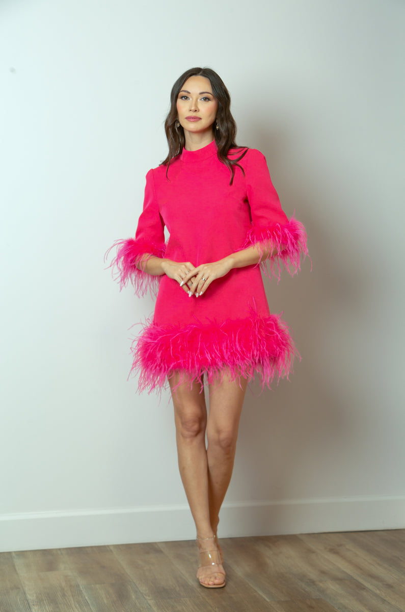 pink long sleeve feather dress Feather Dress with Elbow Length Sleeves – Jessie Liu Collection