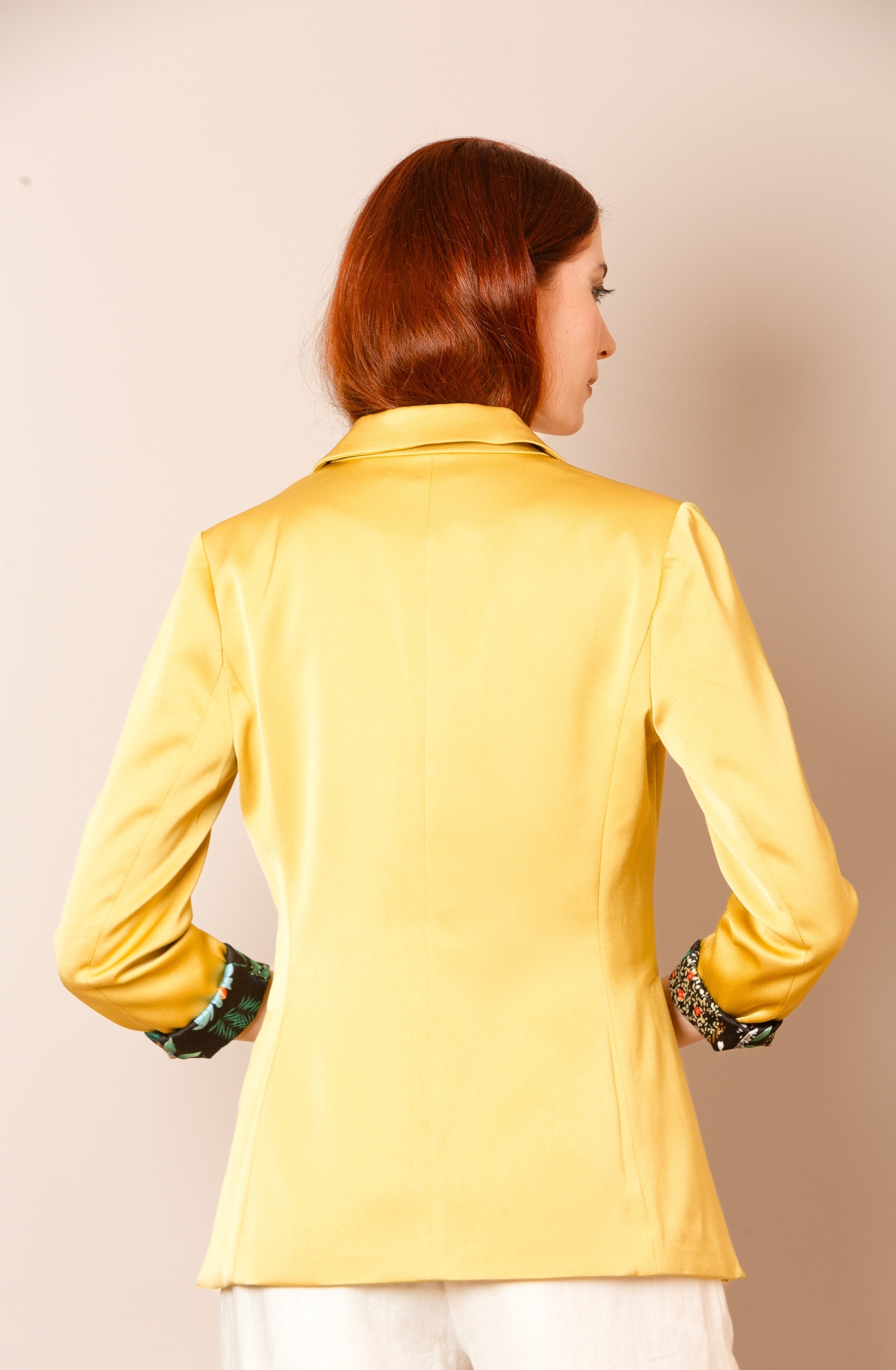 Pamela Satin Blazer with Contrast Lining in Mustard