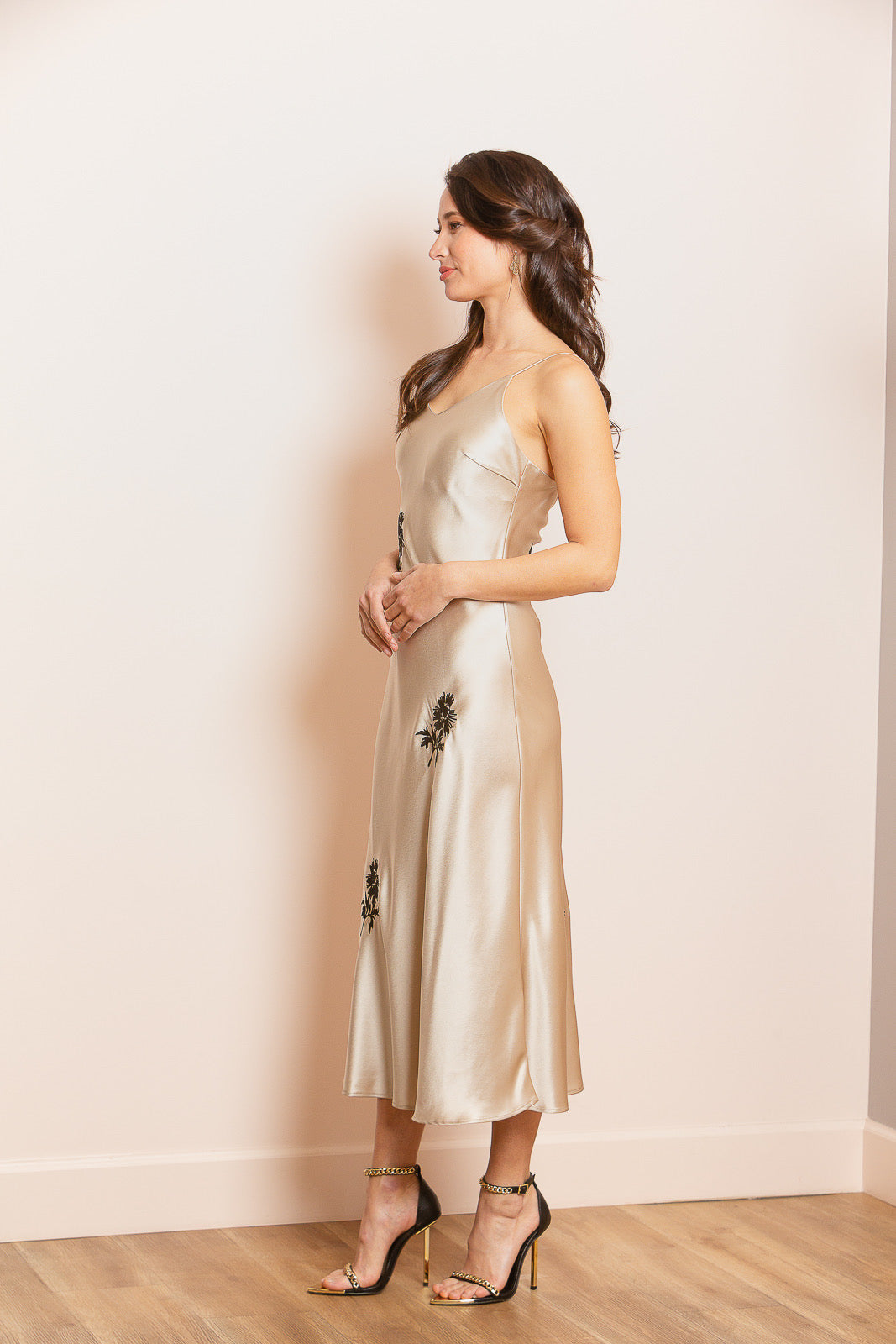 Satin Slip Dress with Flower Embroidery in Champagne