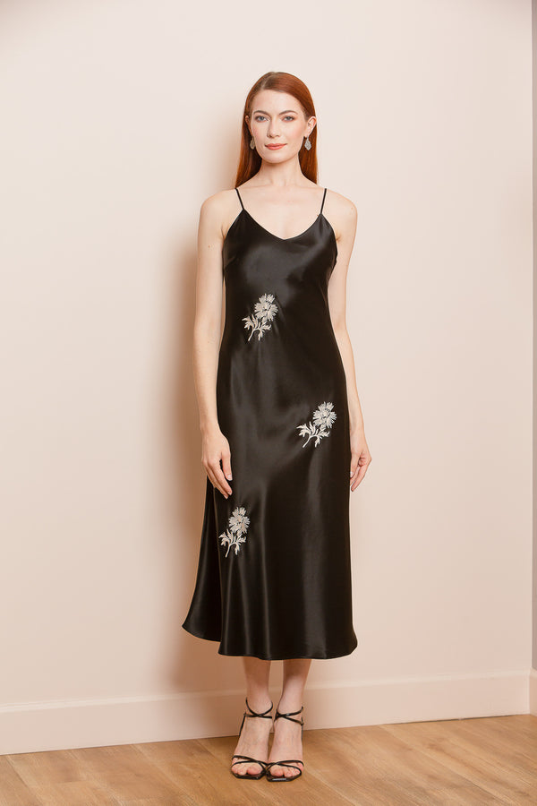 Satin Slip Dress with Flower Embroidery in Black