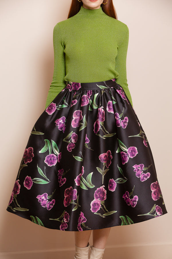 Rose Print A-Line Skirt With Elastic Waistband and Pockets