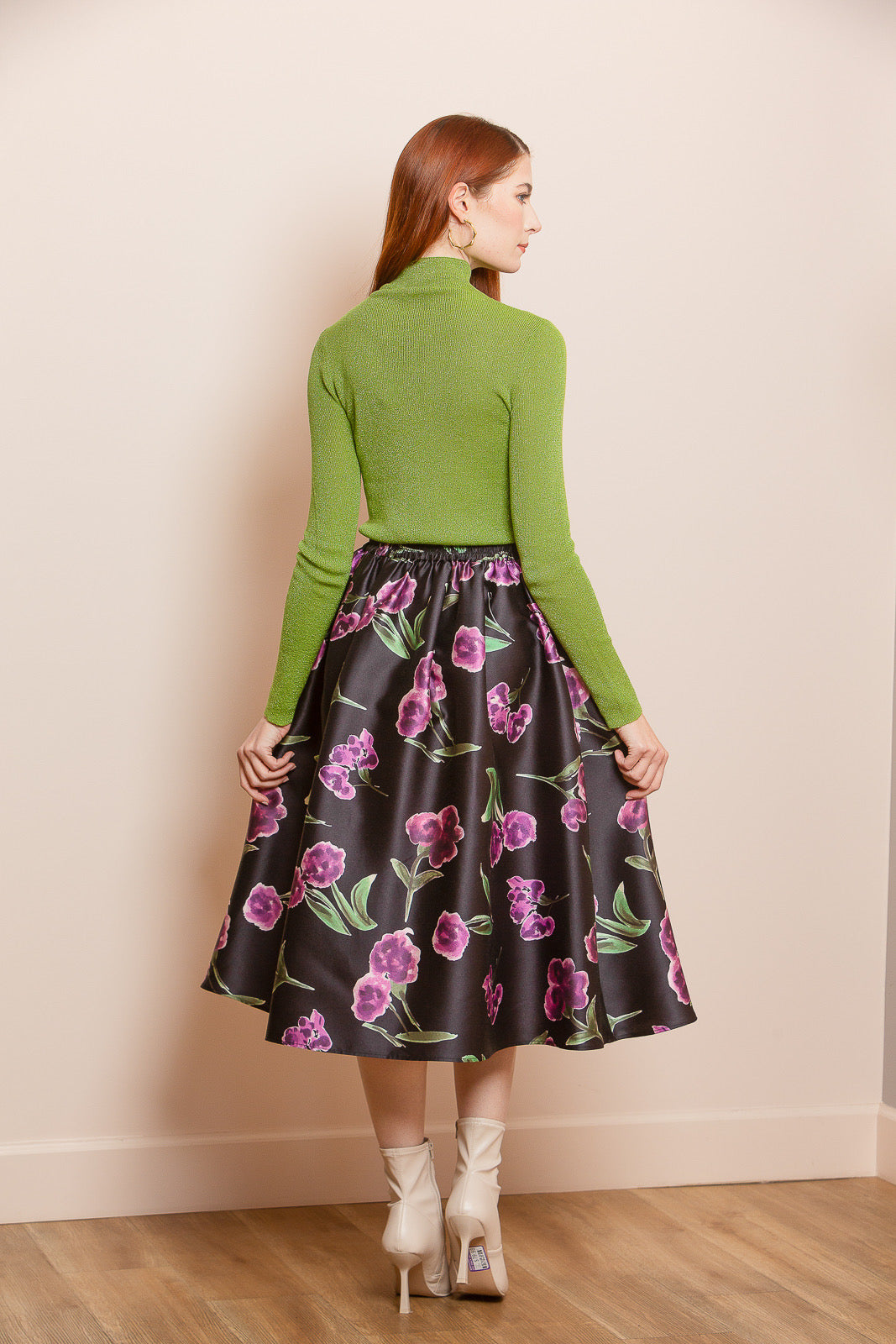 Rose Print A-Line Skirt With Elastic Waistband and Pockets