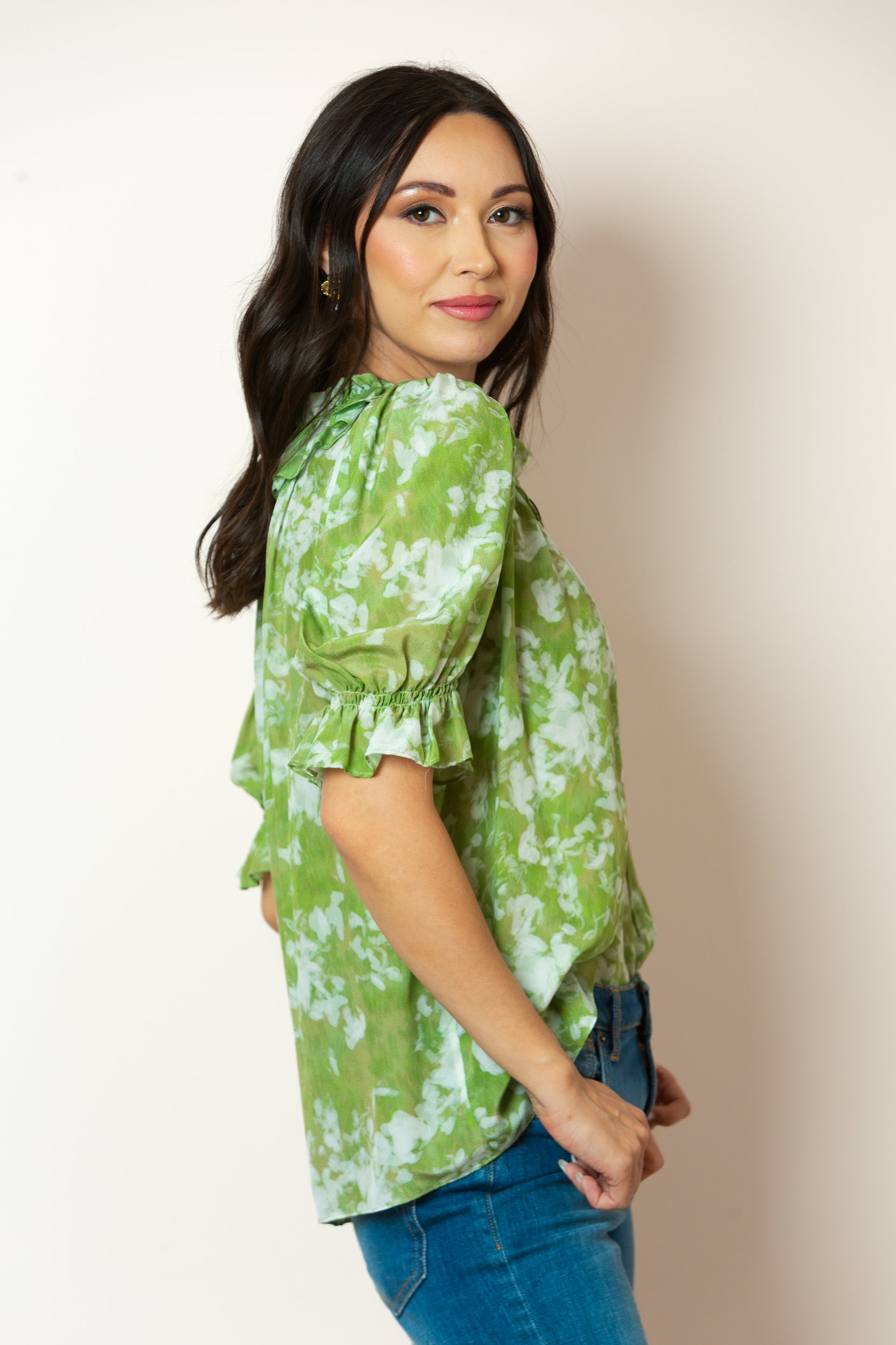 Remi Silk Blouse With Ruffle Neckline in Green