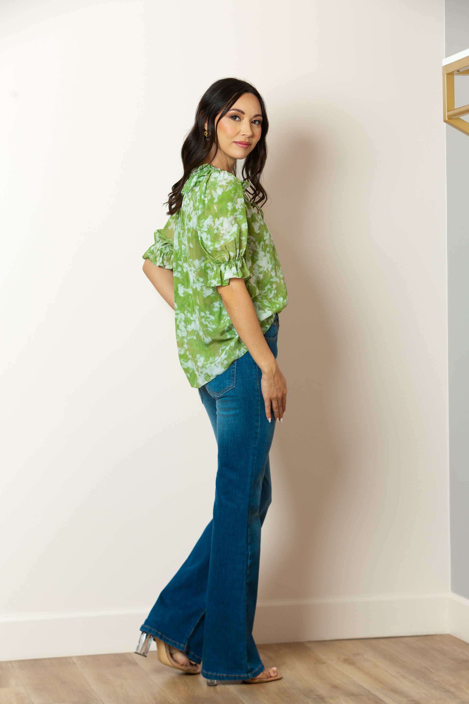 Remi Silk Blouse With Ruffle Neckline in Green