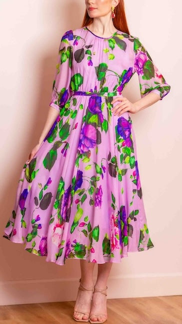 Eleanor Floral Print Silk Dress in Pink