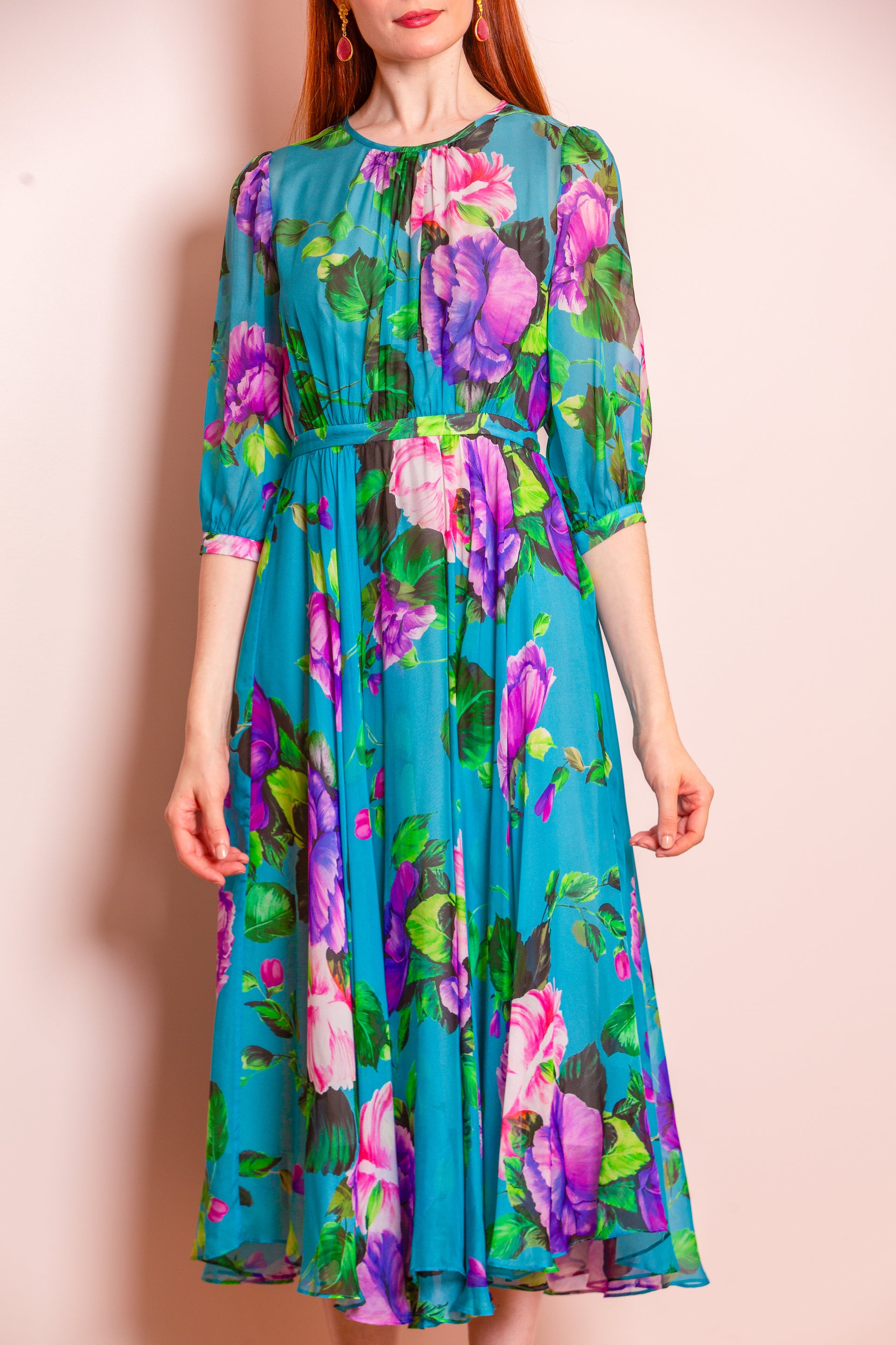 Eleanor Floral Silk Dress in Vivid Blue