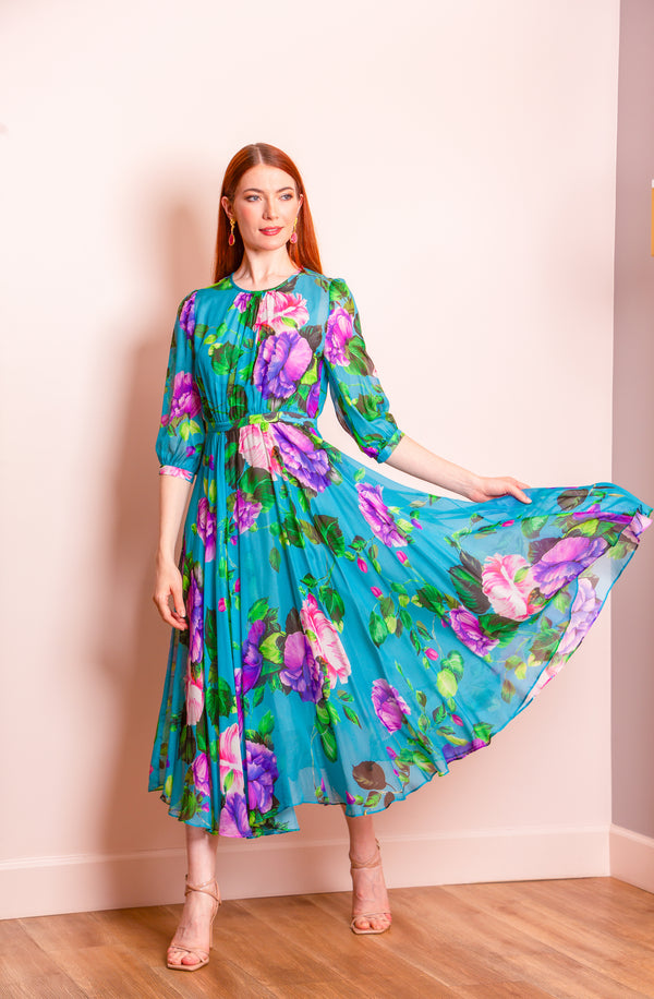 Eleanor Floral Silk Dress in Vivid Blue