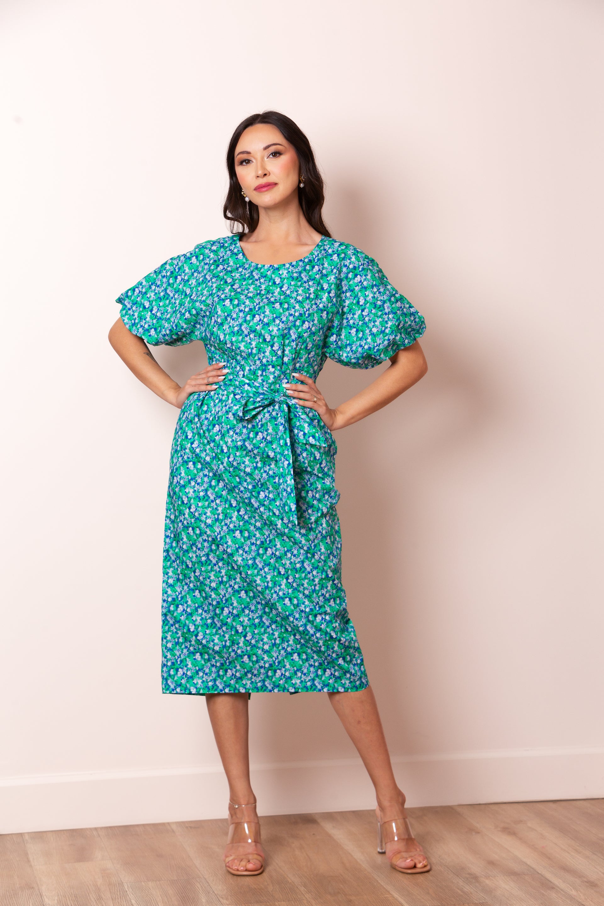 Ellie Kimono Sleeve Floral Print Dress in Green