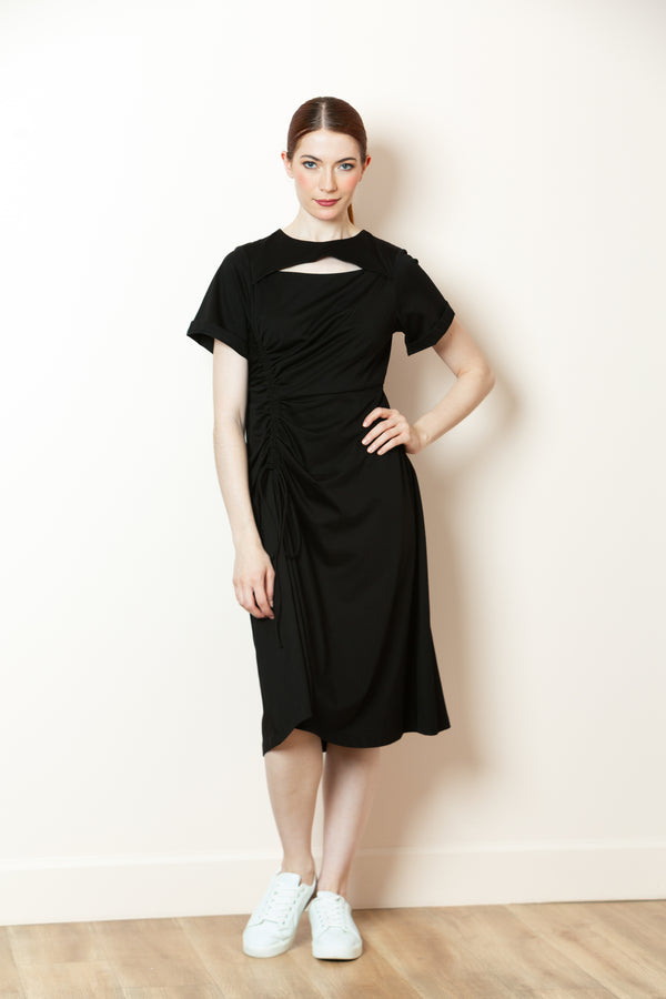 Adison Cotton Dress with Side Gathering Detail in Black