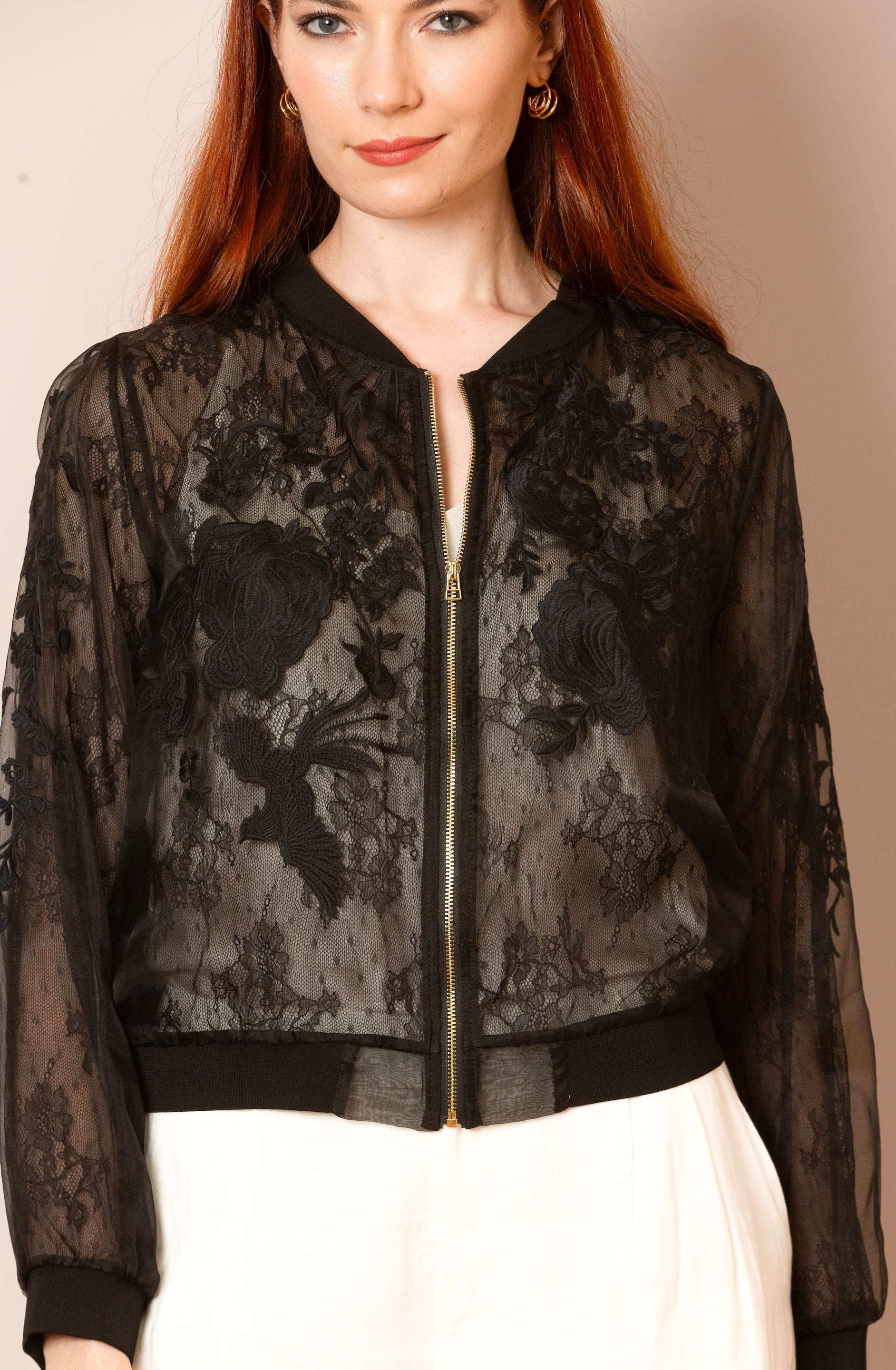 Iris Tulle Lace Combo Bomber Jacket in Black