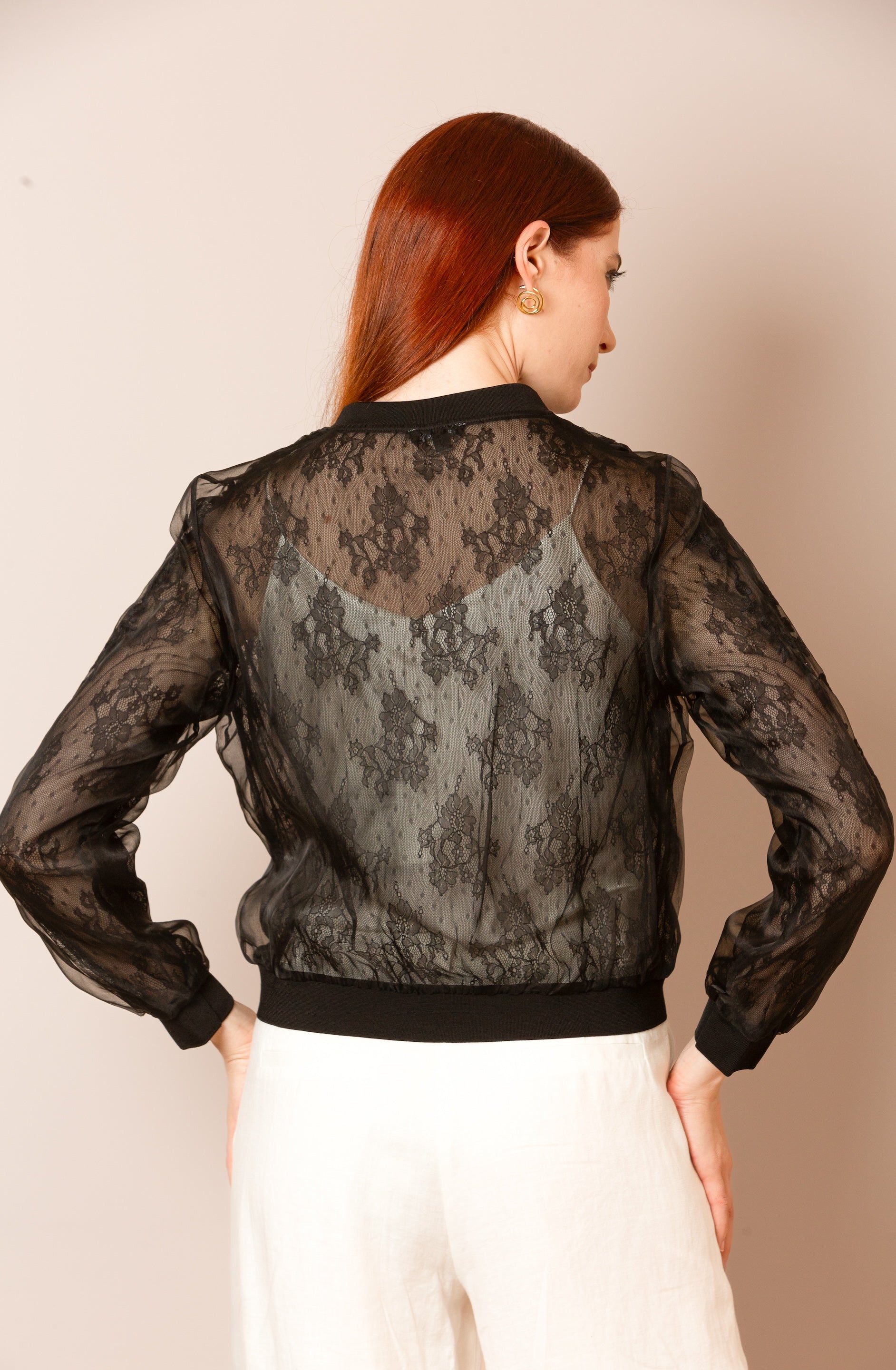 Iris Tulle Lace Combo Bomber Jacket in Black