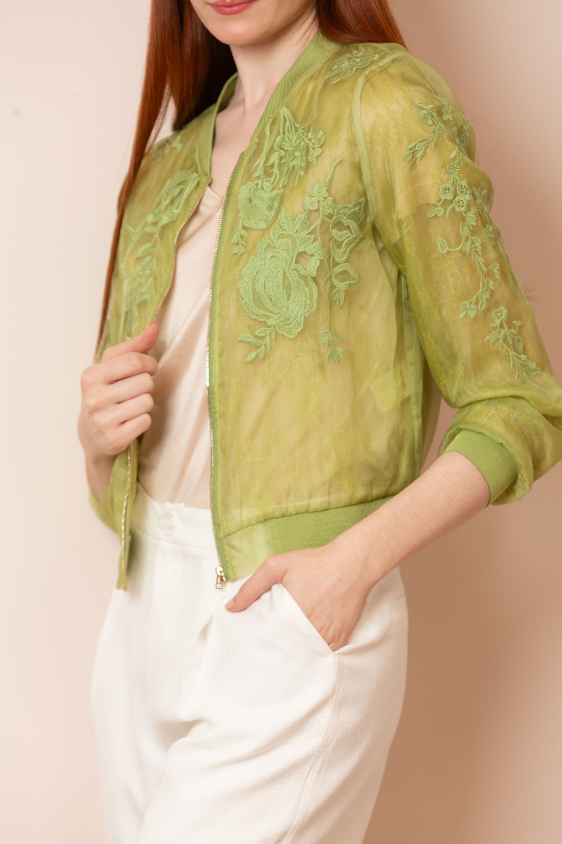 Iris Tulle Lace Combo Bomber Jacket in Green