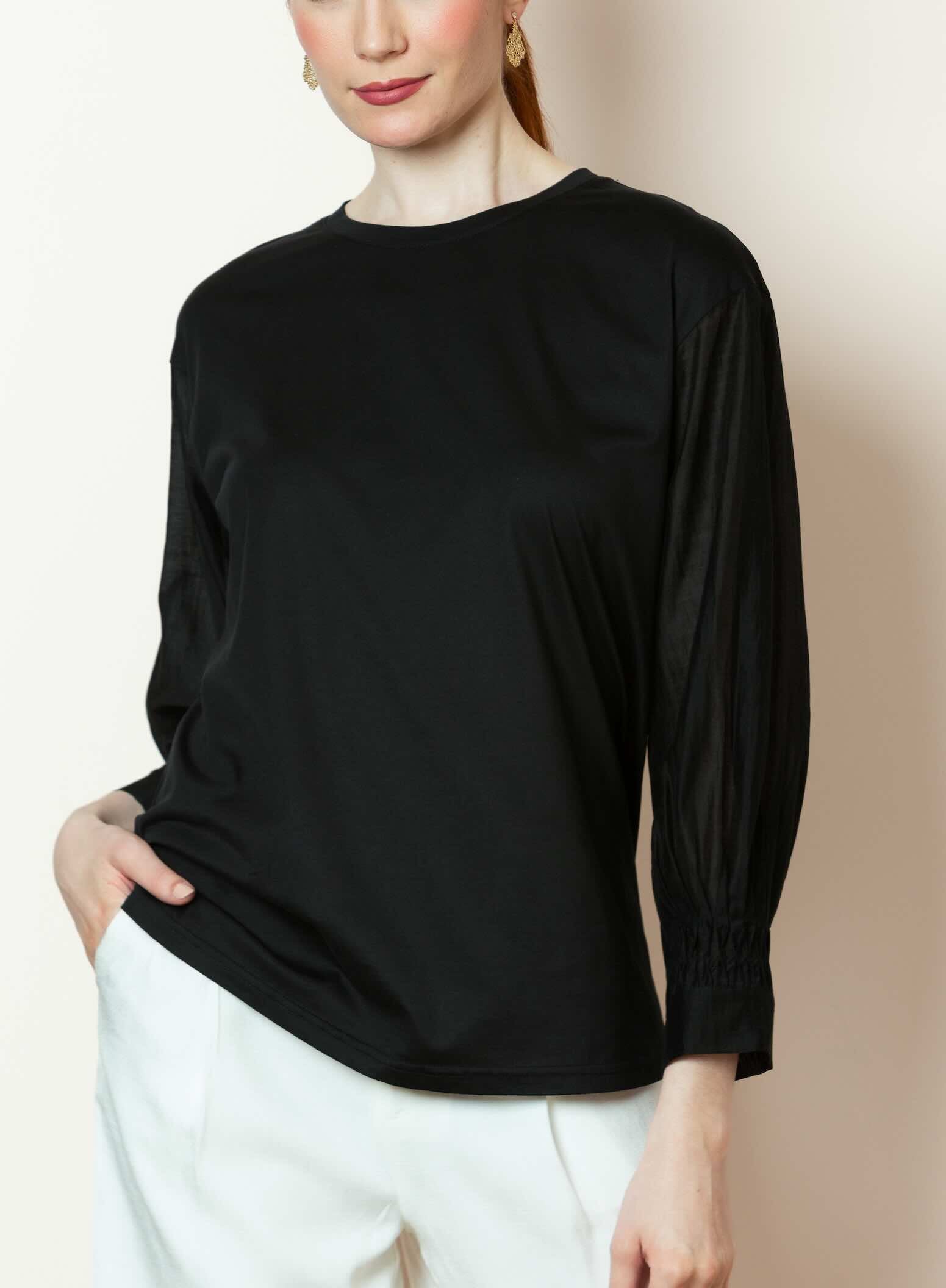 Madelyn Cotton Top with Contrast Sleeves in Black