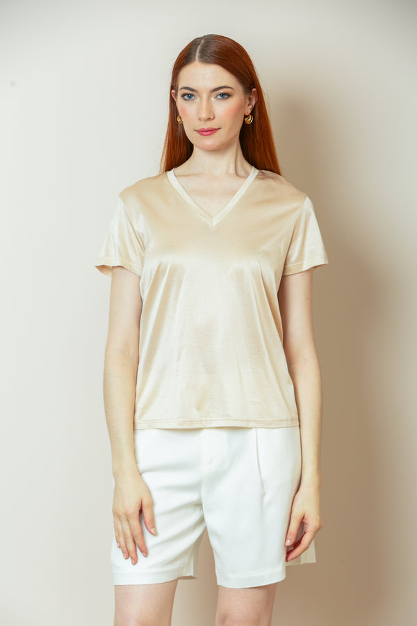 Ruby Silk Cotton V-Neck T-Shirt in Beige