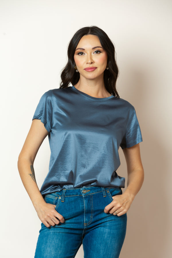Alice Crew Neck Silk Cotton T-Shirt in Blue