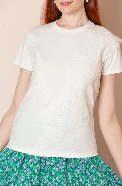 Vera Crew Neck Cotton T-shirt with Lace Applique