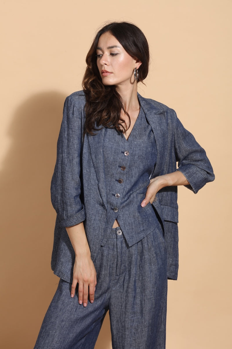 Indigo Linen Twill Vest With Adjustable Waist – Jessie Liu Collection