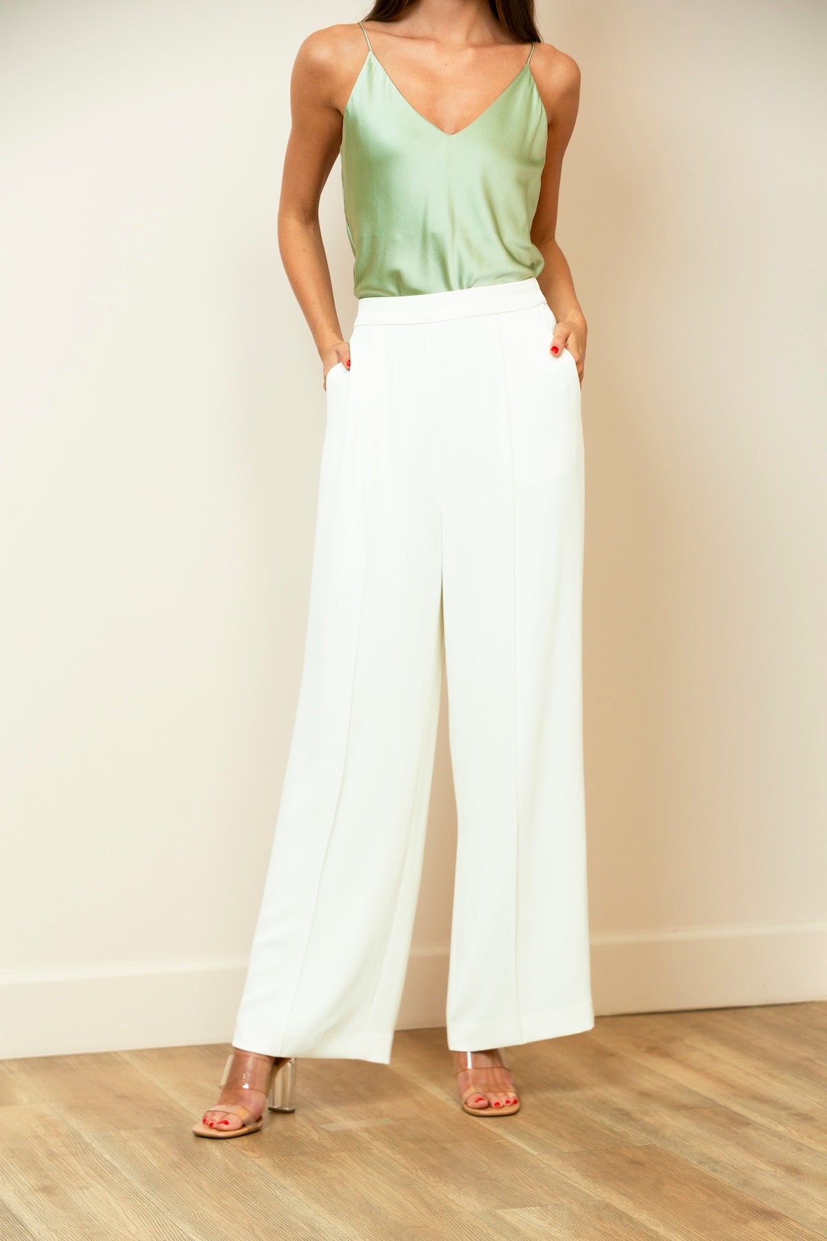 Pintuck Wide-Leg Pants with Elastic on the Back Waist In Ivory