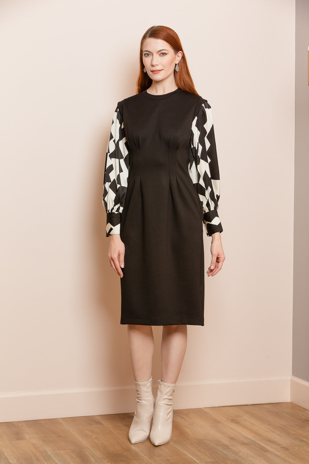 Tailored Ponte Midi Dress with Contrast Sleeves