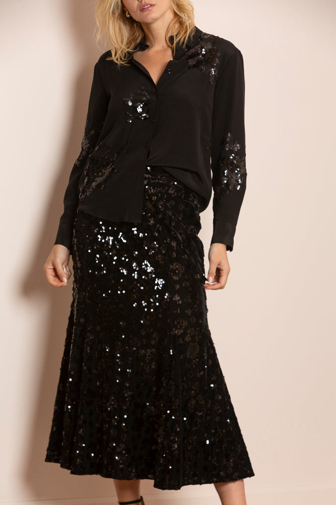 Viviana Cotton Blended Trumpet Skirt with Sequin Detail