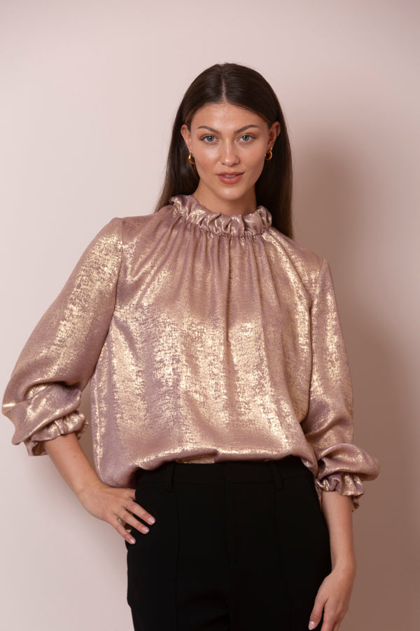 Shiloh Distressed Finish Metallic Blouse with Gathering Neck