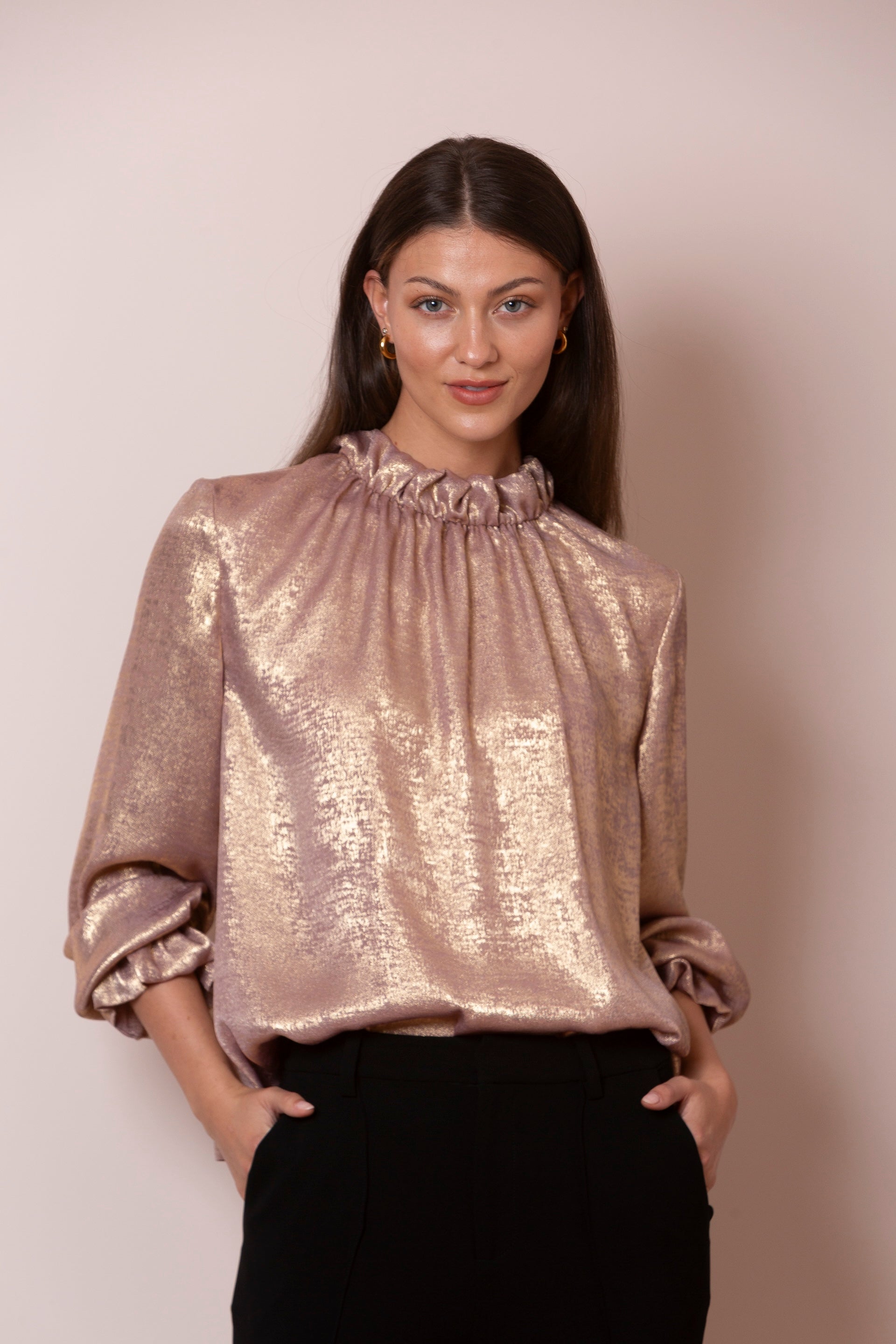 Shiloh Distressed Finish Metallic Blouse with Gathering Neck