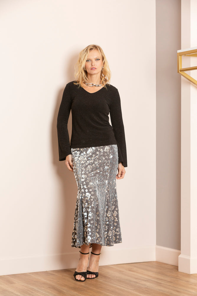 Viviana Cotton Blended Trumpet Skirt with Sequin Detail