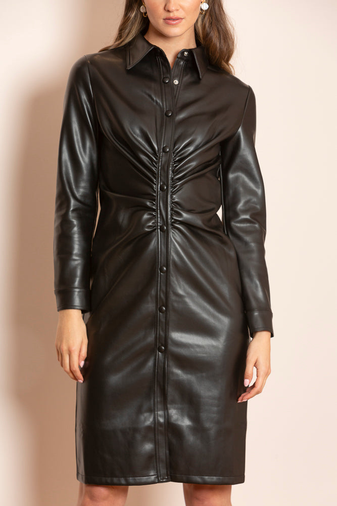 Destiny PU Leather Shirt Dress with Shirring Jessie Liu Collection Destiny PU Leather Shirt Dress with Shirring Jessie Liu Collection