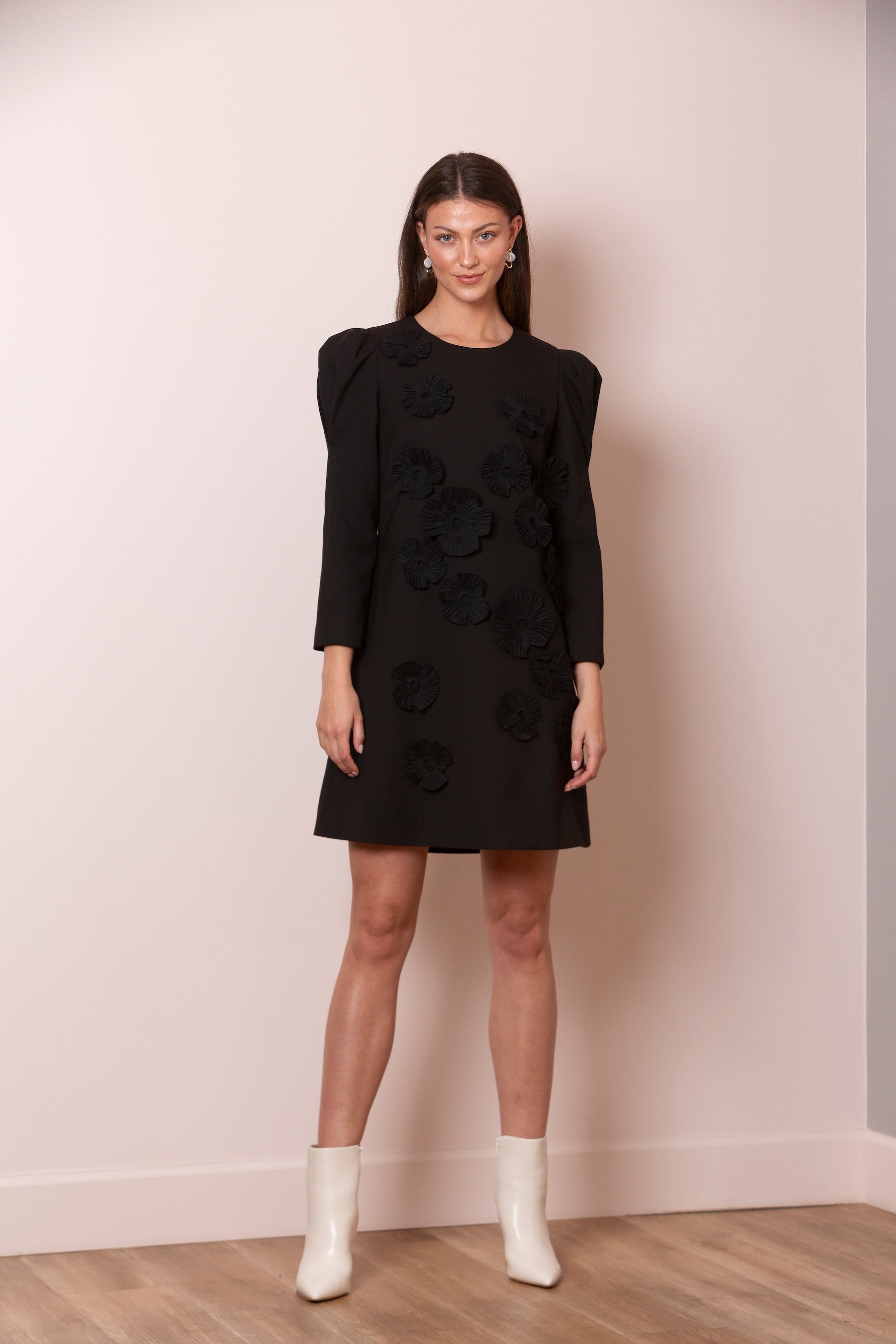 Kate Puff Sleeve Dress with 3-Dimensional Flower Applique