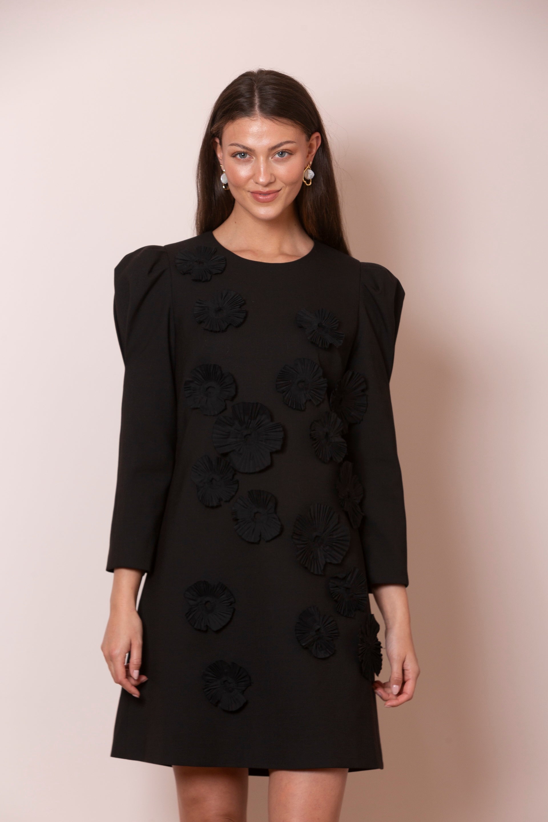 Kate Puff Sleeve Dress with 3-Dimensional Flower Applique