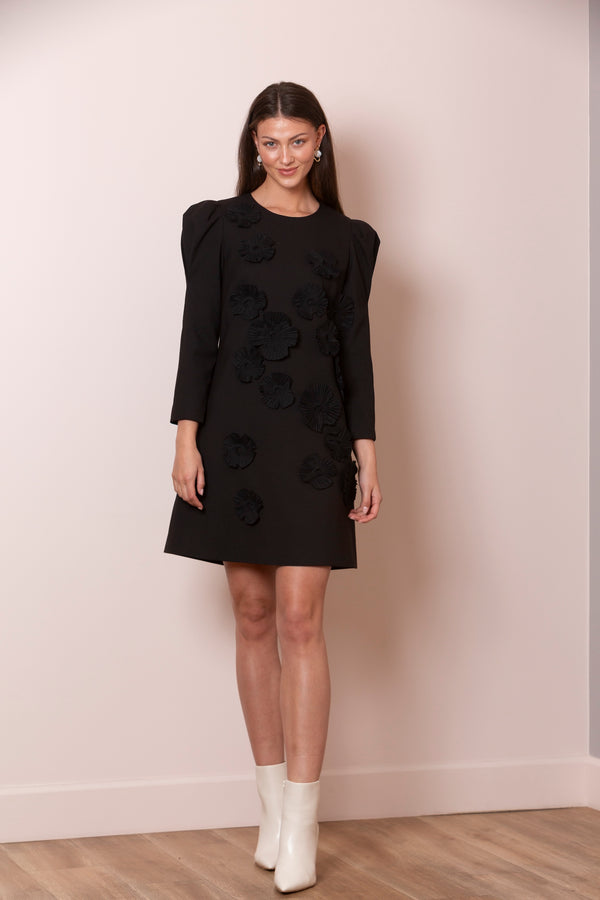 Kate Puff Sleeve Dress with 3-Dimensional Flower Applique