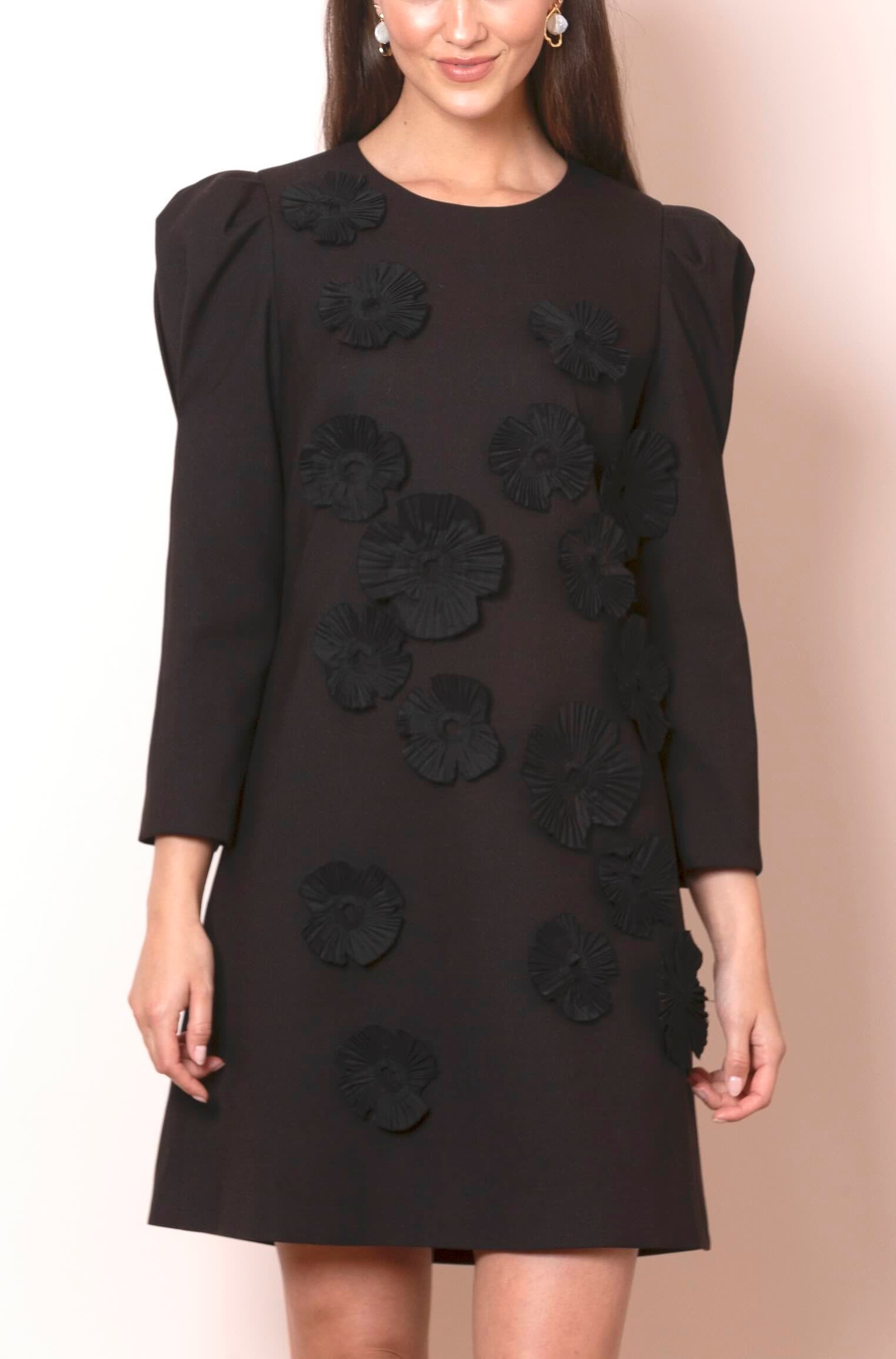 Kate Puff Sleeve Dress with 3-Dimensional Flower Applique