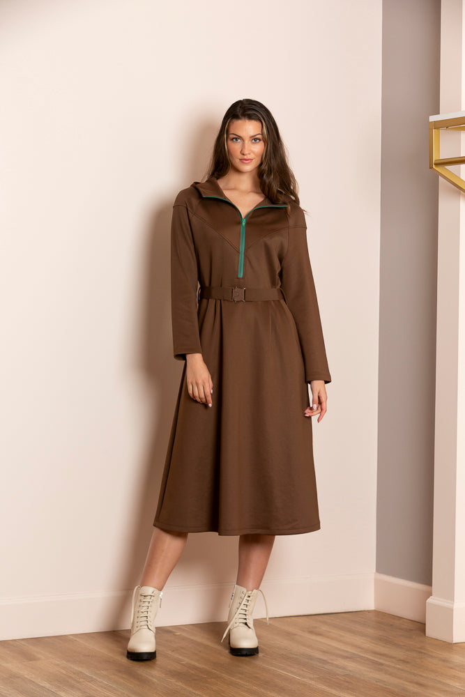 Khloe Hooded Ponte Dress with Elastic Waist Belt and Contrast Front Zipper