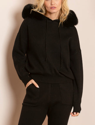 Madilyn Wool Blended Hooded Sweater with Detachable Faux Fur Trim