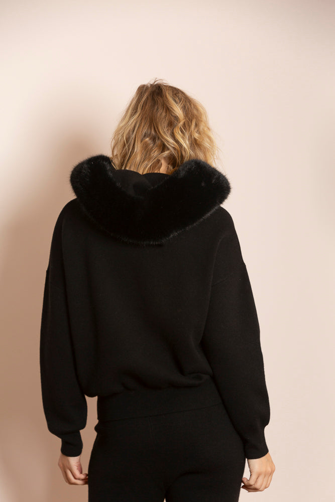 Madilyn Wool Blended Hooded Sweater with Detachable Genuine Fur Trim