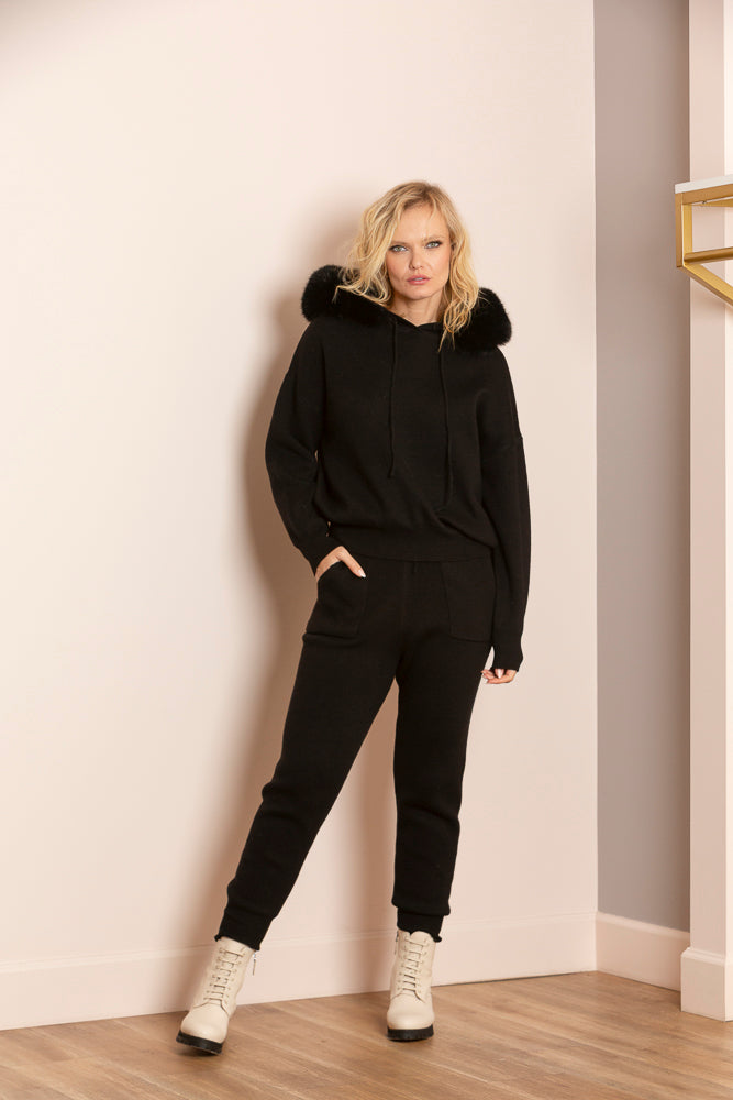 Madilyn Wool Blended Hooded Sweater with Detachable Genuine Fur Trim