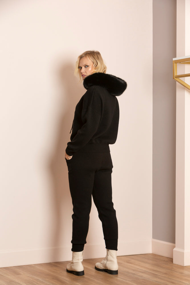 Madilyn Wool Blended Hooded Sweater with Detachable Genuine Fur Trim