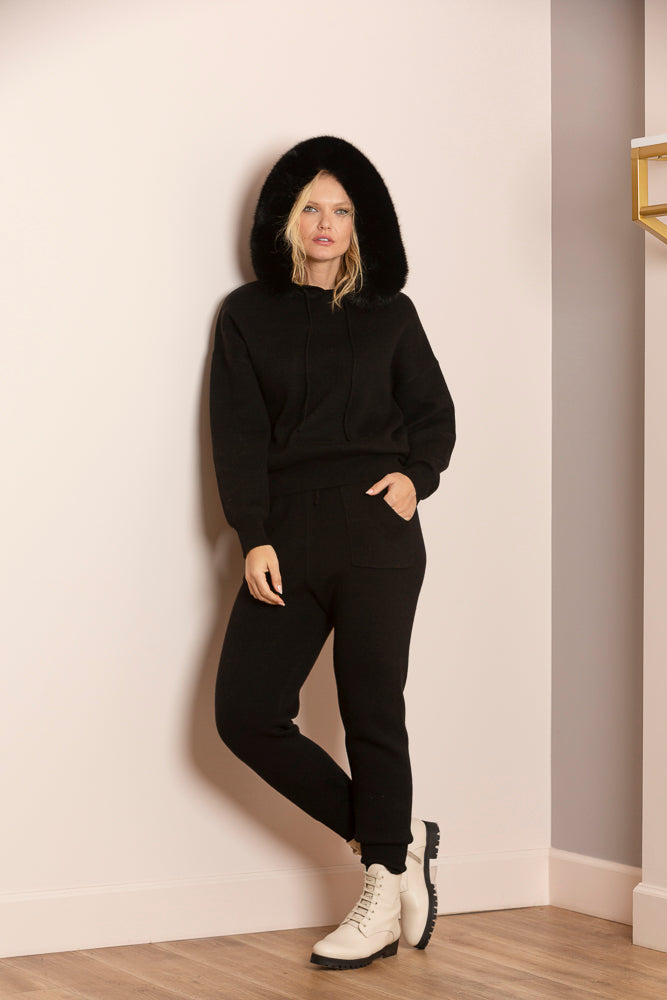 Madilyn Wool Blended Hooded Sweater with Detachable Faux Fur Trim