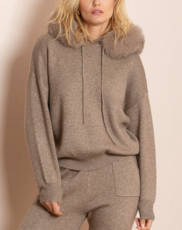 Madilyn Wool Blended Hooded Sweater with Detachable Faux Fur Trim