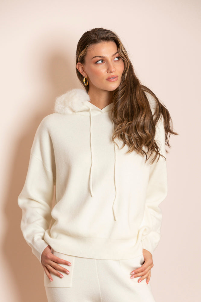 Madilyn Wool Blended Hooded Sweater with Detachable Faux Fur Trim