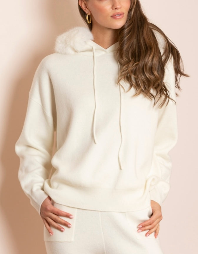 Madilyn Wool Blended Hooded Sweater with Detachable Faux Fur Trim