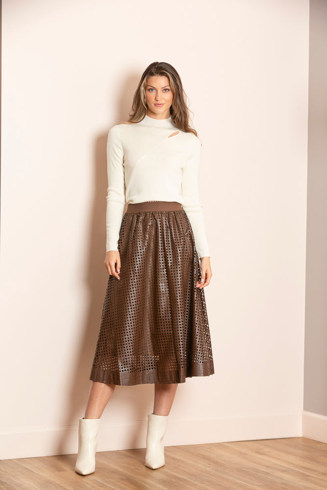 Serena Perforated Pleather Gathered Midi Skirt with Elastic WB