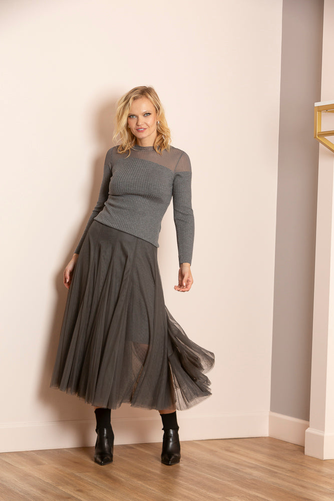 Jocelyn Cashmere Blended Ribbed Top with Sheer Yoke