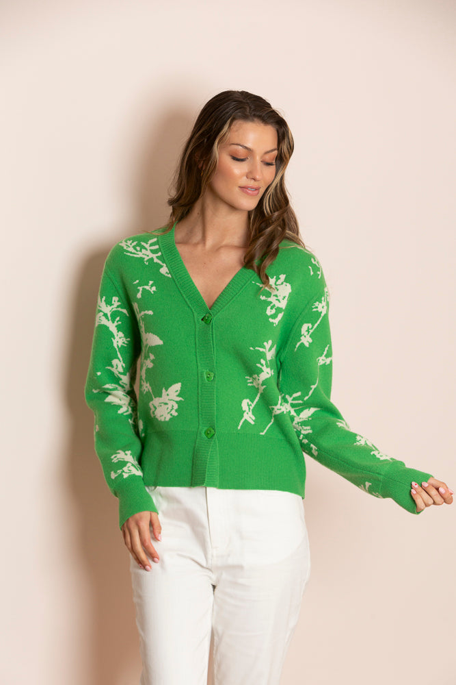 Isabel Cashmere Blended Double Jacquard V-Neck Cardigan in Green