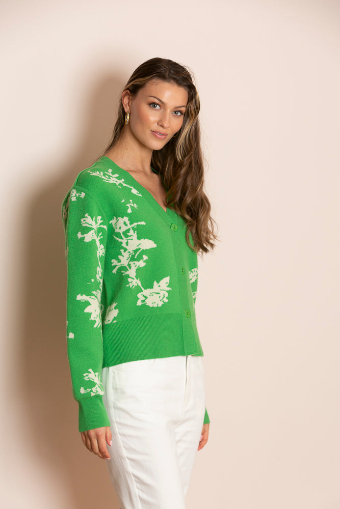 Isabel Cashmere Blended Double Jacquard V-Neck Cardigan in Green