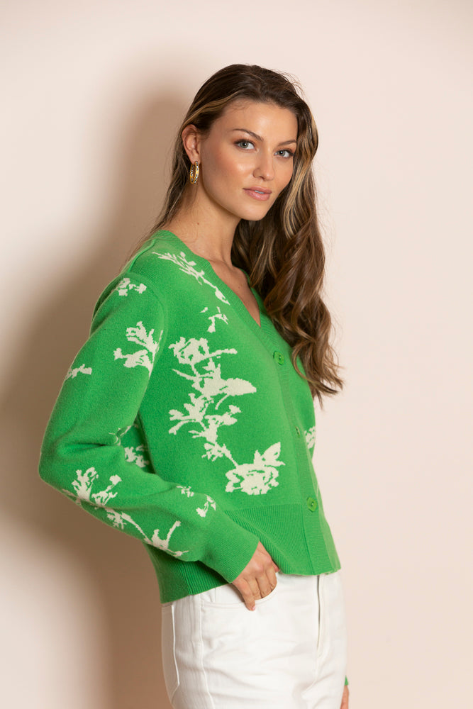 Isabel Cashmere Blended Double Jacquard V-Neck Cardigan in Green