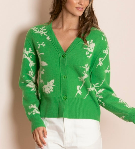 Isabel Cashmere Blended Double Jacquard V-Neck Cardigan in Green