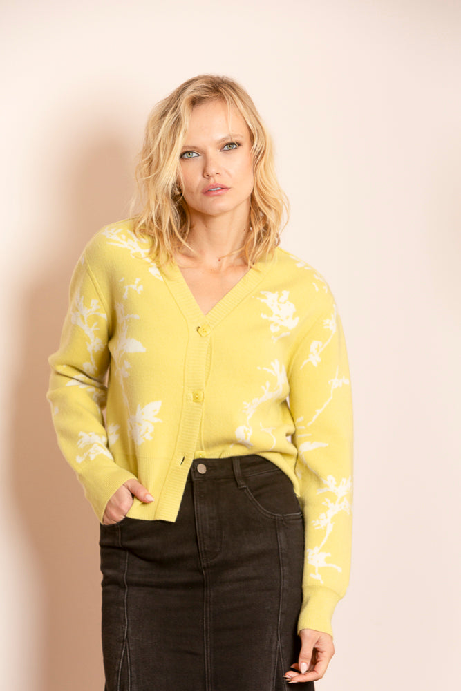 Isabel Cashmere Blended Double Jacquard V-Neck Cardigan in Yellow