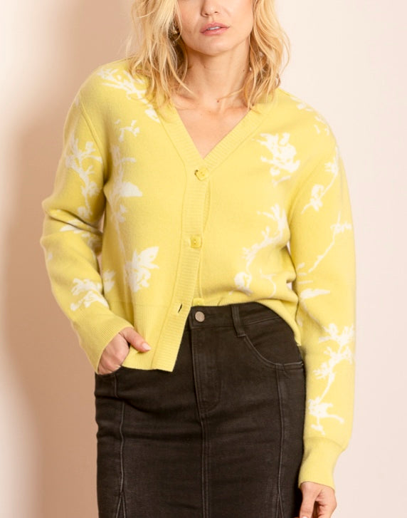 Isabel Cashmere Blended Double Jacquard V-Neck Cardigan in Yellow