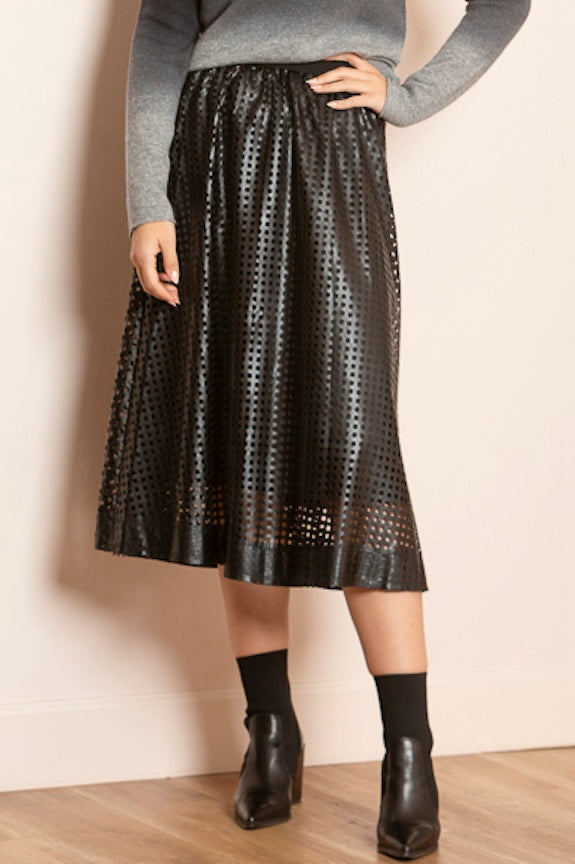 Serena Perforated Pleather Gathered Midi Skirt with Elastic WB